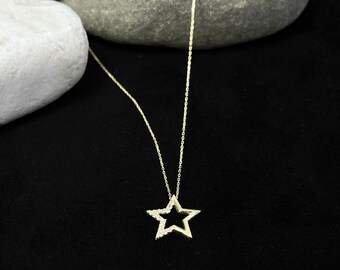 14k Gold Open Star Necklace With Zircon Stones, Star Pendant