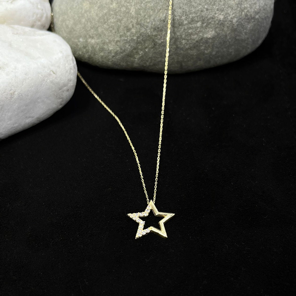 14k Gold Open Star Necklace With Zircon Stones, Star Pendant
