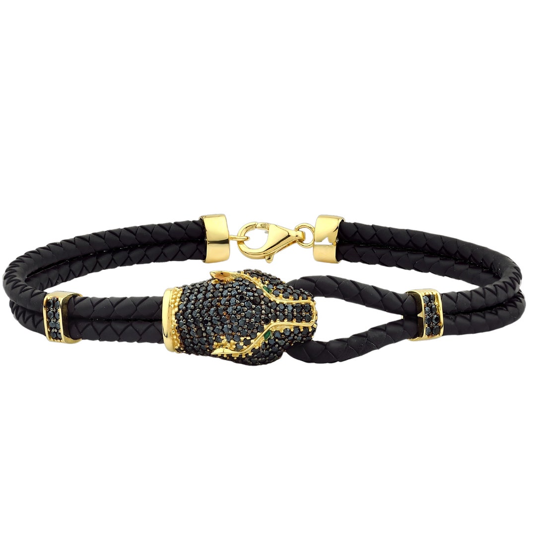 14K Gold Men's Bracelet, Leather Men's Bracelet, Handmade Jewelry, Gift