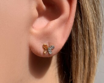 14K Solid Gold Studs Earrings, Butterfly Diamond Earrings