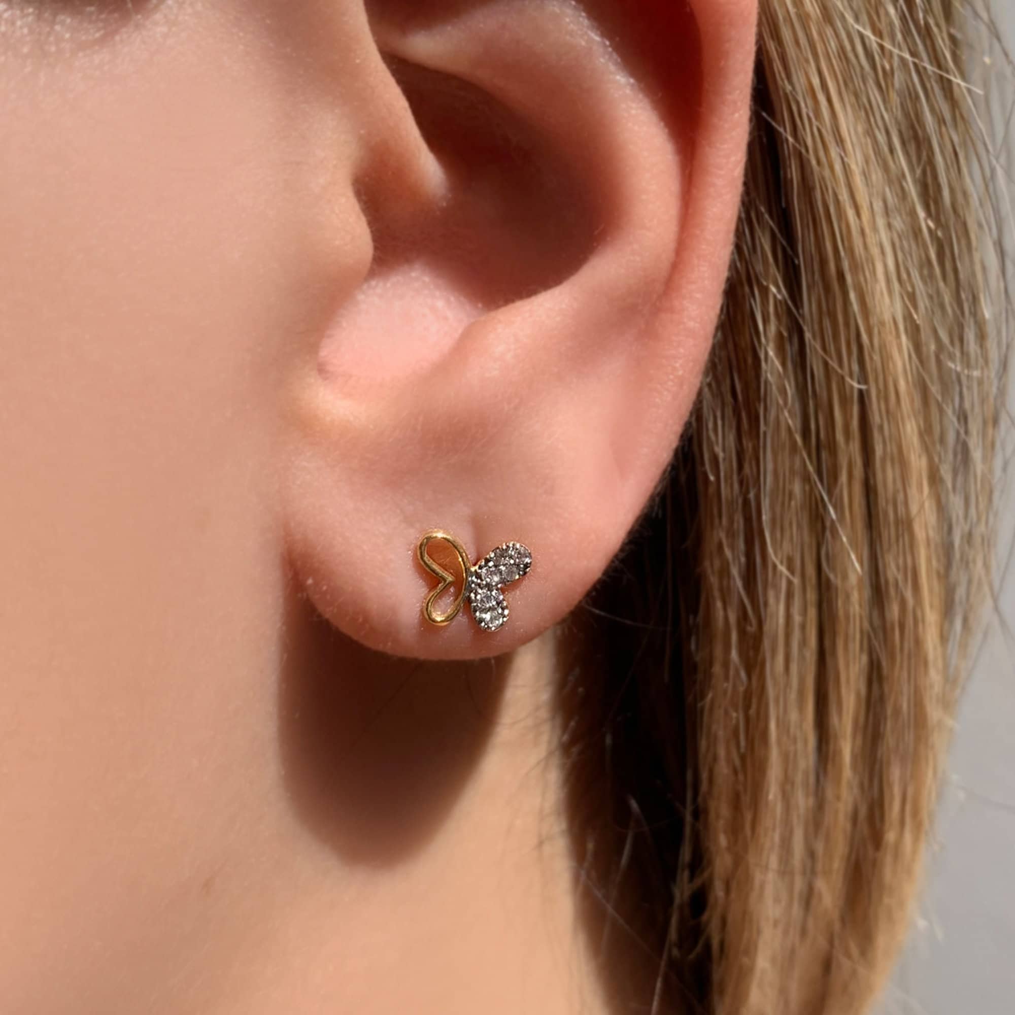 14K Solid Gold Studs Earrings, Butterfly Diamond Earrings, Mini
