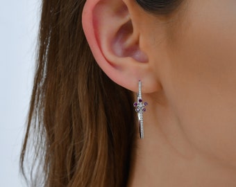 18K Solid White Gold 0.65 Ct Purple Diamond Earrings, Diamond Hoop Earrings, Diamond Wide Hoop Earrings, Hoop Earrings Huggie Earrings