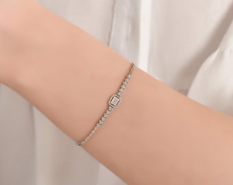 14K White Gold 0.50 Ct Diamond Baguette Bracelet, Baguette Bracelet, Unique Layered Bracelet, Mother's Day, Anniversary Gifts, Wedding Gifs