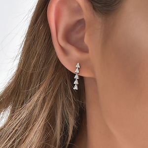 14K Gold 0.05 Ct Diamond Triangle Earrings, White Gold Earrings, Dangle Gold Earrings, Pendant Earrings, Handmade Jewelry, Wedding Gifts