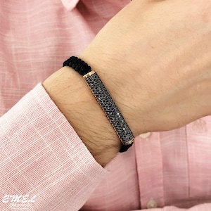 8K Solid Gold Black Diamond Special Design Adjustable Shirred Men&#39;s Bracelet, Boyfriend Gift, Birthday Gift, Gift For Him