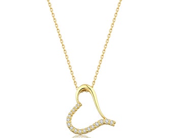 14K goud 0,15 CT diamanten hart ketting, echte natuurlijke diamanten hanger, hart diamanten halsketting, open hart ketting, cadeau voor haar