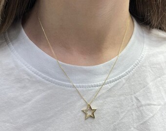14k Gold Open Star Necklace With Zircon Stones, Star Pendant