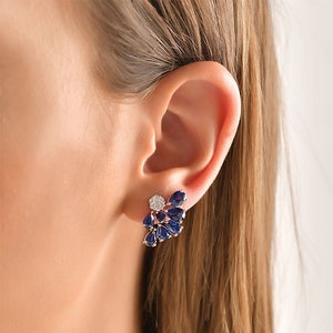 Blue Sapphire Earrings, 18k Solid White Gold 7.88 Ct Diamond Earrings, 18k Drop Cut Diamonds, Sapphire Earrings, Mini Stud Earrings