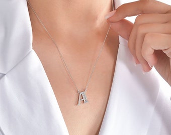 14K Gold Baguette Diamond Necklace, Handmade Dainty Diamond Necklace, Gift For Mom, For Her, Letter Necklace, Unisex Rapper Necklace,For Mom