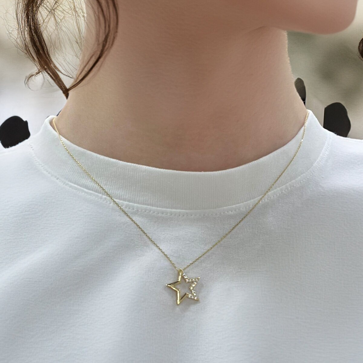 14k Gold Open Star Necklace With Zircon Stones, Star Pendant