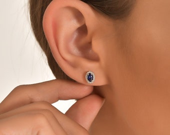 Pendientes de diamantes de oro macizo de 14 k de 0,85 ct, pendientes de zafiro, pendientes de diamantes para mujer, pendientes de piedras preciosas, tachuelas de oro, joyería personalizada