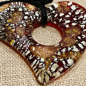 Vintage MURANO Style Cased Glass Heart Necklace with Gold Silver Avventurina