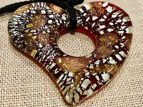 Vintage MURANO Style Cased Glass Heart Necklace with Gold Silver Avventurina