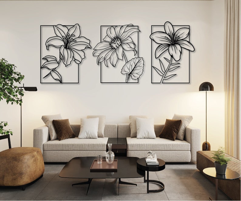 3 Piece Flowers Metal Wall Decor, Living Room Wall Decor, Bedroom Wall ...