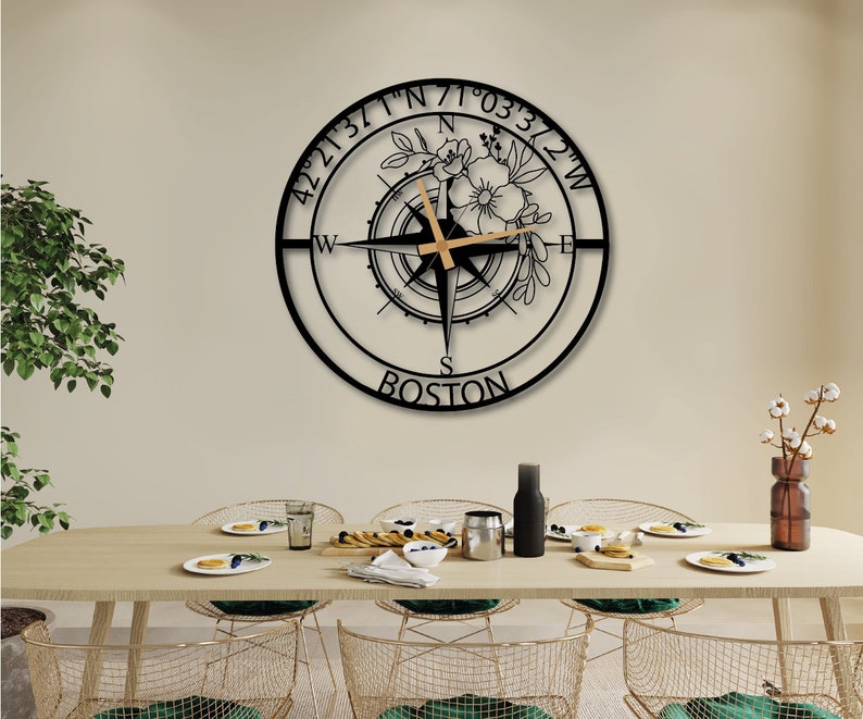 Personalized Compass Metal Wall Clock, Custom Coordinates Wall Clock
