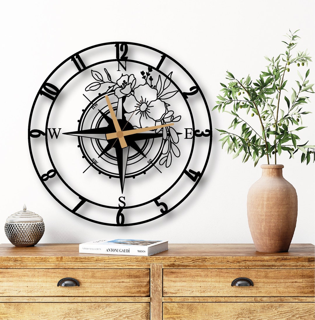 Modern Wall Clock, Compass Large Clock, Unique Home Decor, Metal Wall