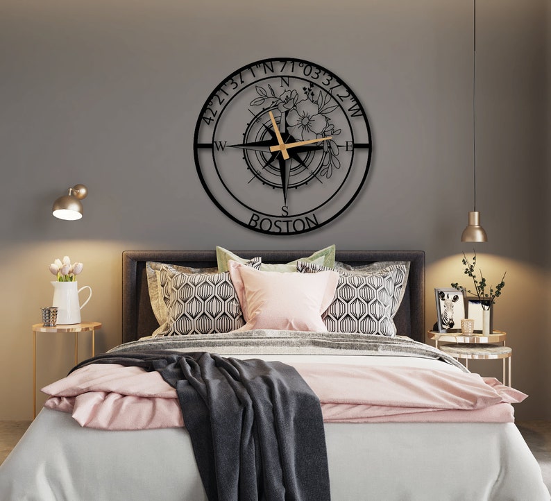 Personalized Compass Metal Wall Clock, Custom Coordinates Wall Clock
