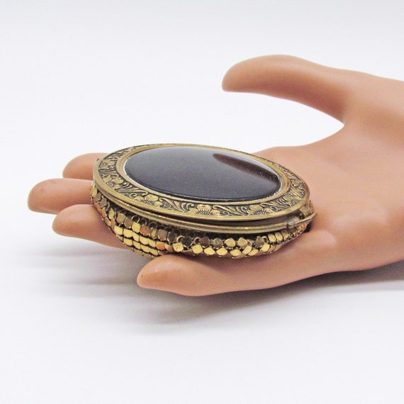 Vintage Gold Mesh and Black Enamel Powder Compact - image 1