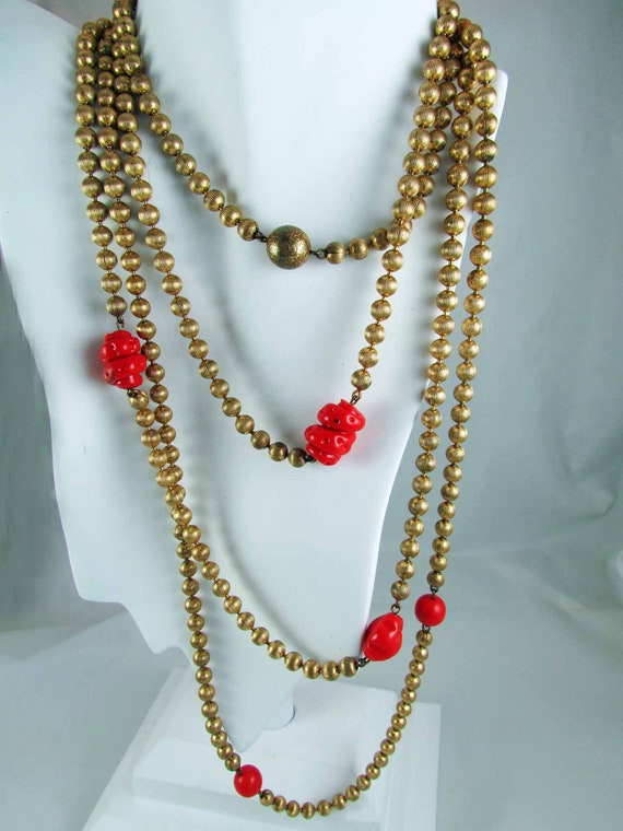 Brass Bead and Handblown Glass Bead Necklace 85" … - image 5