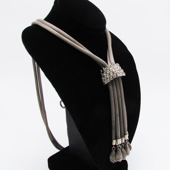 Vintage Silver Mesh Rope  Necklace with Rhineston… - image 3