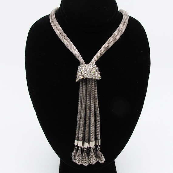 Vintage Silver Mesh Rope  Necklace with Rhineston… - image 1