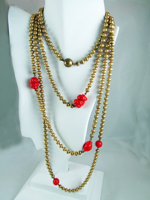 Brass Bead and Handblown Glass Bead Necklace 85" … - image 1