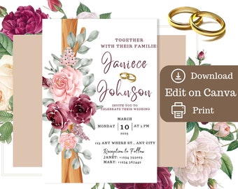 Invitation Download, Greenery Invitation, Floral Invitation, Flowers Wedding Template, Printable Flowers, Printable wedding, do it yourself