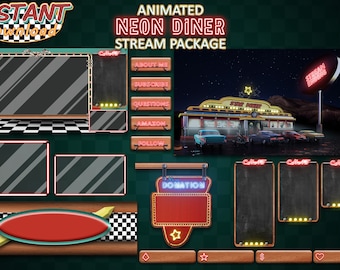 Full Animated Neon Twitch Package, Twitch Package, Stream Package, Neon Package, Red Neon Alerts, Retro Diner Overlays, Twitch Alerts