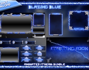 Full Animated Twitch Bundle, Animated Twitch Stream Package, Twitch Panels, Blue Electric Noen, Animated Screens, Stream Package