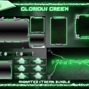 Full Animated Twitch Bundle, Animated Twitch Stream Package, Twitch Panels, Green Electric Noen, Animated Screens, Stream Package, Overlays