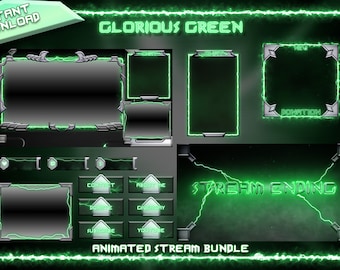 Full Animated Twitch Bundle, Animated Twitch Stream Package, Twitch Panels, Green Electric Noen, Animated Screens, Stream Package, Overlays