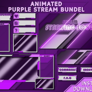 Twitch Animated Overlay Bundle, Animated Streaming Package, Twitch Panels, Purple Noen, Animated Screens, Stream Package, Twitch Overlays