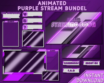 Twitch Animated Overlay Bundle, Animated Streaming Package, Twitch Panels, Purple Noen, Animated Screens, Stream Package, Twitch Overlays