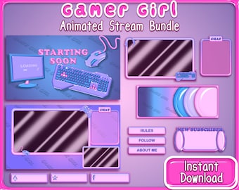 Full Animated Pink Streaming Package, Gamer Girl, Animated Twitch Stream Package, Pink, Purple, Pastel Twitch Overlays, Animated Screens,