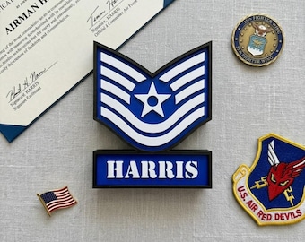 Personalized USAF Enlisted Rank Plaque | Air Force Gift | Custom Name Plate | Desk & Wall Display | Military Retirement Promotion Gift