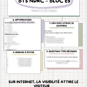 Peut inclure: Un guide d'étude de marketing numérique avec le titre "BTS NDRC - BLOC ES". L'image contient plusieurs boîtes rectangulaires avec du texte, dont "OPTIMISATION", "LIEN AVEC LE BLOC ES", "ERREURS À ÉVITER" et "QUESTION TYPE RÉVISION". Le bas de l'image indique "SUR INTERNET, LA VISIBILITÉ ATTIRE LE VISITEUR... MAIS L'ANIMATION DÉCLENCHE L'ACHAT."