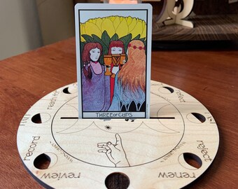 Tarot Card of the Day Display Stand with Triple Moon and the hands from Michelangelo's "Creation of Adam"
