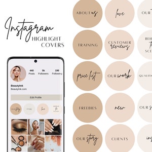 May include: A screenshot of an Instagram profile for a beauty business. The profile has 440 posts, 5,000 followers, and 190 people following. The profile picture is a woman with dark hair and makeup. The profile has a highlight reel with the following categories: About Us, Love, Our Story, FAQ, Behind the Scenes, Training, Customer Reviews, Price List, Our Work, Freebies, New, Our Services, Our Story, Clients, and Instagram.