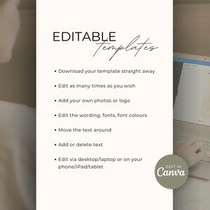May include: A cream-colored graphic with the words "EDITABLE Templates" in black. Bullet points describe template features: download, edit, add photos, change wording, move text, and edit on various devices. The Canva logo is in the lower right.