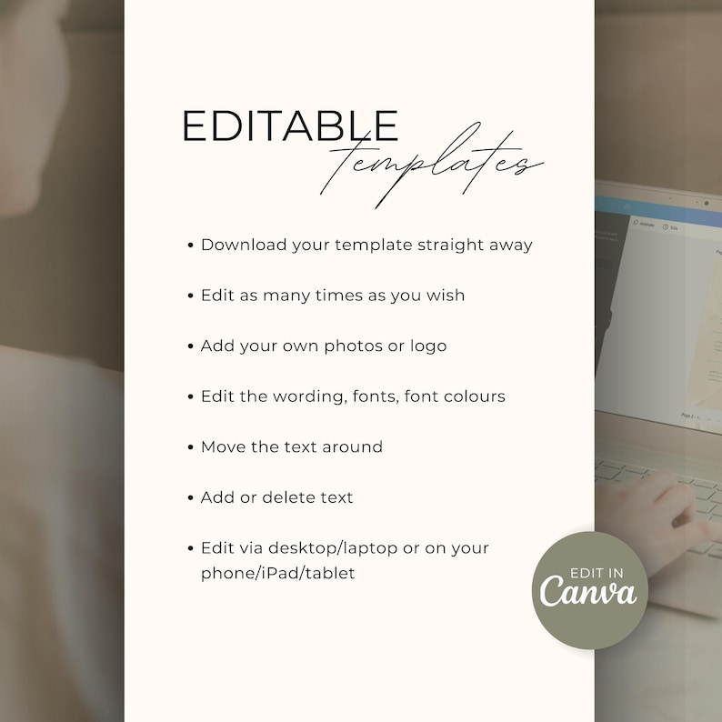 May include: A cream-colored graphic with the words "EDITABLE Templates" in black. Bullet points describe template features: download, edit, add photos, change wording, move text, and edit on various devices. The Canva logo is in the lower right.