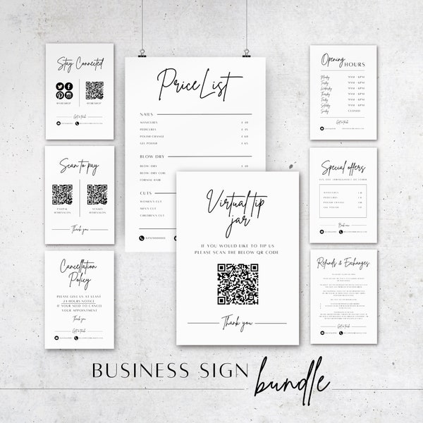 Price List Sign Bundle, Social Media Sign, Scan to Pay Sign, Opening Hours Sign,