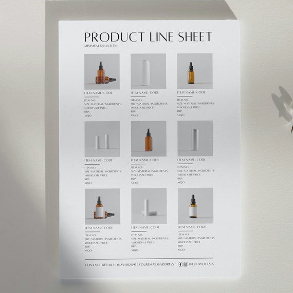Product Line Sheet, Wholesale Catalogue Template, Editable Price List