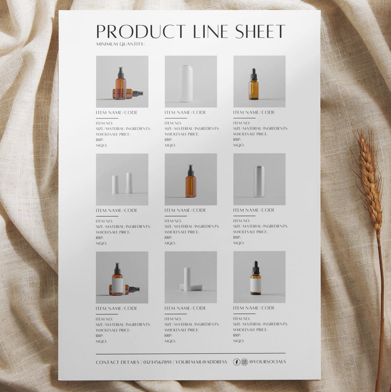 May include: A product line sheet with nine different product images. Each image shows a bottle or tube of product with a white background. The sheet includes the product name, code, size, material ingredients, wholesale price, and minimum quantity.