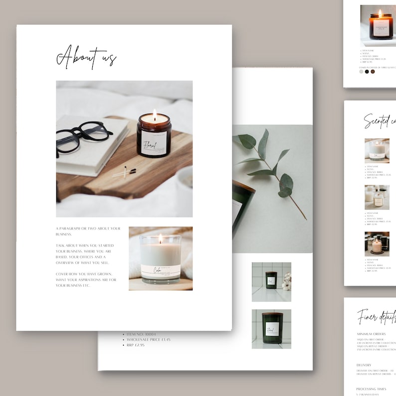 Puede incluir: Una p&aacute;gina de cat&aacute;logo de productos con las palabras "About us" en la parte superior. La p&aacute;gina presenta im&aacute;genes de velas perfumadas en frascos de vidrio y una caja de madera. Las velas tienen etiquetas con las palabras "Floral" y "Cafe".