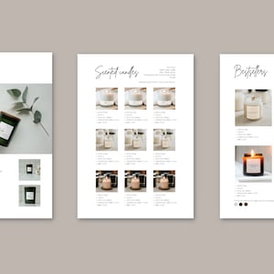 Puede incluir: Un cat&aacute;logo de productos con velas perfumadas. El cat&aacute;logo incluye im&aacute;genes de velas en frascos y recipientes de vidrio, con etiquetas y texto. Las velas son de varios tama&ntilde;os y estilos, algunas encendidas y otras apagadas. El cat&aacute;logo est&aacute; sobre un fondo blanco.