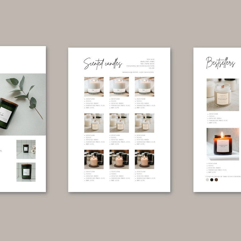 Puede incluir: Un cat&aacute;logo de productos con velas perfumadas. El cat&aacute;logo incluye im&aacute;genes de velas en frascos y recipientes de vidrio, con etiquetas y texto. Las velas son de varios tama&ntilde;os y estilos, algunas encendidas y otras apagadas. El cat&aacute;logo est&aacute; sobre un fondo blanco.