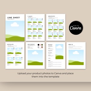 Puede incluir: Una plantilla de hoja de l&iacute;nea para una tienda online, con un paisaje verde y azul con una nube blanca. La plantilla incluye secciones para camisetas, sudaderas, bestsellers, nuevos productos, detalles y sobre nosotros. El texto "Edit in Canva" se muestra en un c&iacute;rculo negro.