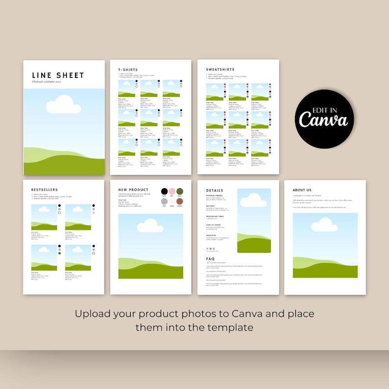Puede incluir: Una plantilla de hoja de l&iacute;nea para una tienda online, con un paisaje verde y azul con una nube blanca. La plantilla incluye secciones para camisetas, sudaderas, bestsellers, nuevos productos, detalles y sobre nosotros. El texto "Edit in Canva" se muestra en un c&iacute;rculo negro.