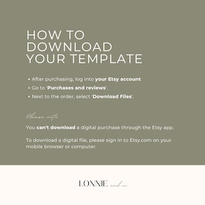 Puede incluir: Una gu&iacute;a de descarga digital sobre un fondo verde salvia. El texto dice "HOW TO DOWNLOAD YOUR TEMPLATE" seguido de instrucciones sobre c&oacute;mo descargar un archivo digital de Etsy. La parte inferior de la imagen muestra la marca "LONNIE and co."