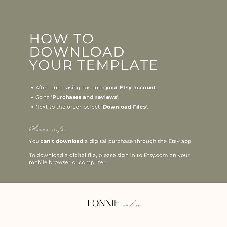 Puede incluir: Una gu&iacute;a de descarga digital sobre un fondo verde salvia. El texto dice "HOW TO DOWNLOAD YOUR TEMPLATE" seguido de instrucciones sobre c&oacute;mo descargar un archivo digital de Etsy. La parte inferior de la imagen muestra la marca "LONNIE and co."